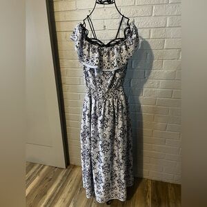 Max Studio Blue and White Printed Off-Shoulder Maxi Dress